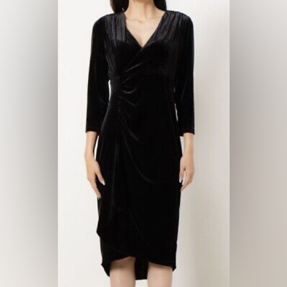 🆑Calvin Klein CD2V1K4U Black Stretch Velvet 3/4 SIv Ruched Ruffle VNeck Dress,4R